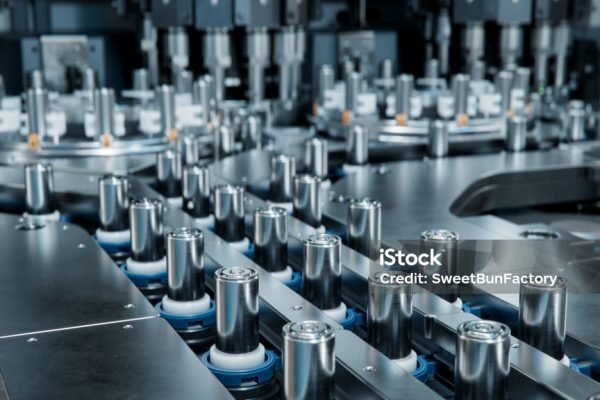High Capacity Battery on Conveyor. Lithium-ion Cells for High-voltage Electric Vehicle Batteries Manufacturing Process. Battery Cells for Automotive Industry on Production Line.