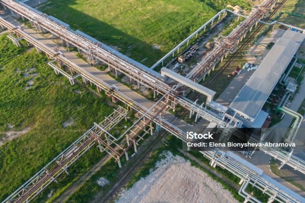 Aerial view of pipeline system of big chemical plant. Production of nitrogen fertilizers.
